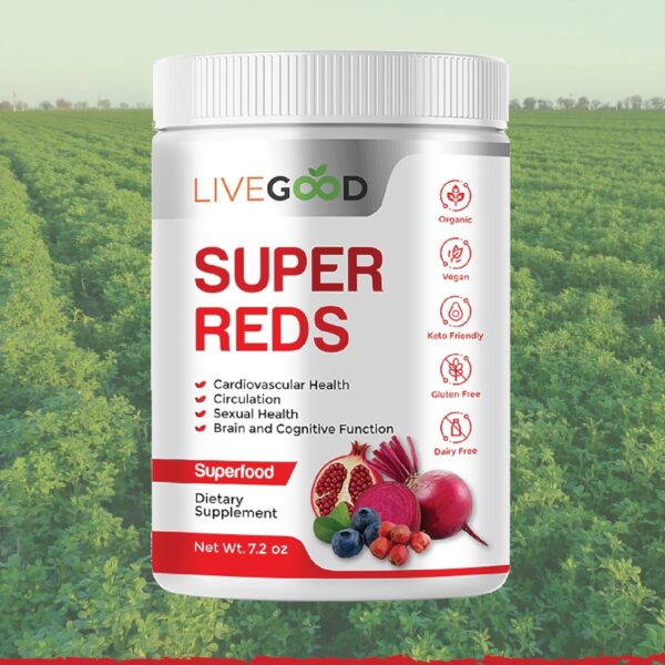 LIVEGOOD™ Organic Super Reds with Alfalfa, Barley Grass, Beet Root, Pomegranite, Grape Seed, Vegan, Gluten Free, 7.2 oz.