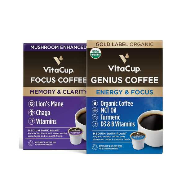 Vitacup Genius Gold & Focus Mushroom Coffee 32 Pod Bundle | Energy & Focus |Superfood & Vitamins Infused | Variety Pack of (2)