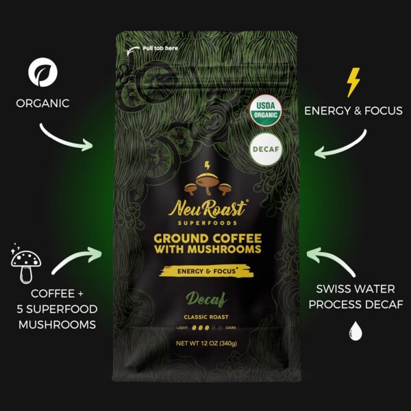 Organic Ground Mushroom Coffee by NeuRoast – Caramel Flavor | Low Acid, Smooth Taste | Premium Coffee with 5 Mushroom Blend –