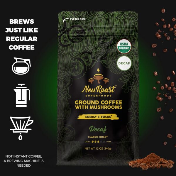 Organic Ground Mushroom Coffee by NeuRoast – Caramel Flavor | Low Acid, Smooth Taste | Premium Coffee with 5 Mushroom Blend –