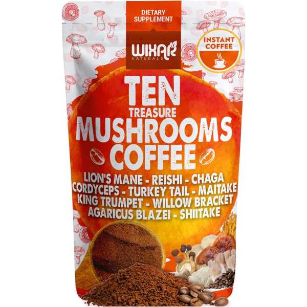 Wixar Mushroom Coffee Blend – Ten Treasure Mushrooms Extract Instant Coffee Powder with Lions Mane, Turkey Tail, Reishi, Chaga,