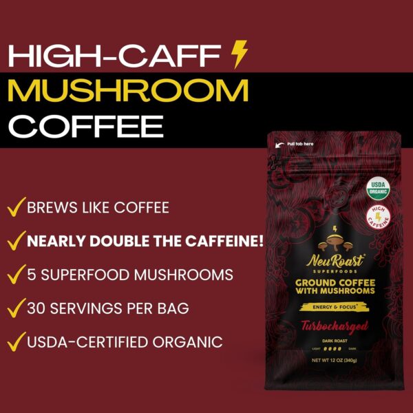 Organic Ground Mushroom Coffee by NeuRoast – Caramel Flavor | Low Acid, Smooth Taste | Premium Coffee with 5 Mushroom Blend –