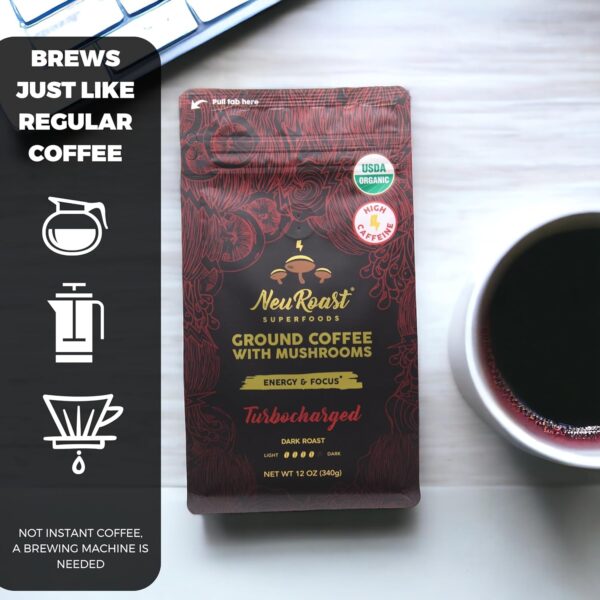 Organic Ground Mushroom Coffee by NeuRoast – Caramel Flavor | Low Acid, Smooth Taste | Premium Coffee with 5 Mushroom Blend –