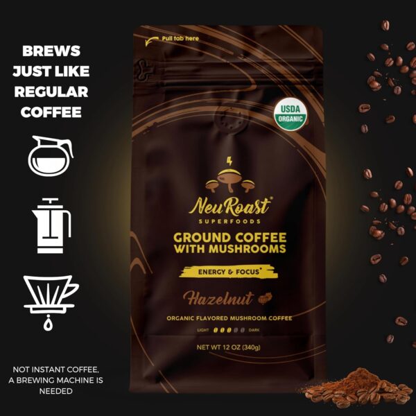 Organic Ground Mushroom Coffee by NeuRoast – Caramel Flavor | Low Acid, Smooth Taste | Premium Coffee with 5 Mushroom Blend –