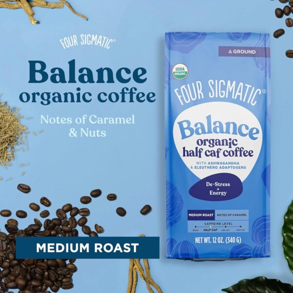 Four Sigmatic Organic Balance Adaptogen Ground Coffee | Medium Roast USDA Organic, Fair Trade Coffee with Ashwagandha, Chaga