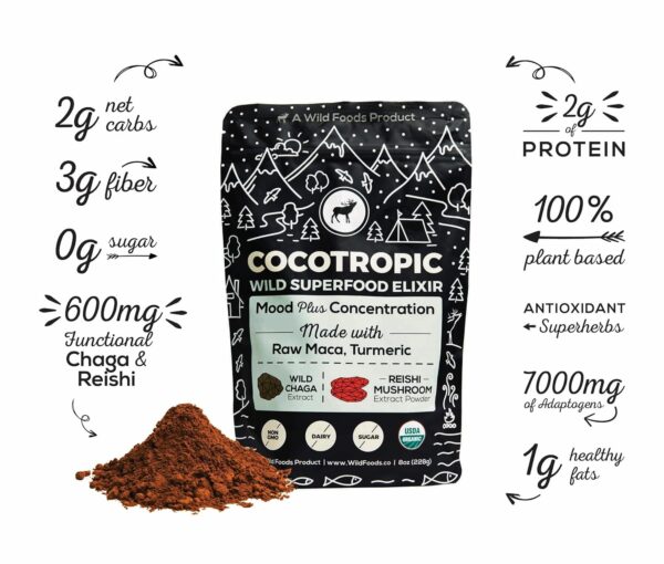 Organic Cocotropic Superfood Mushroom Hot Chocolate Mix, 16 oz | Non-GMO, Vegan, Gluten Free, Mood, Raw Cacao, Reishi Mushrooms,