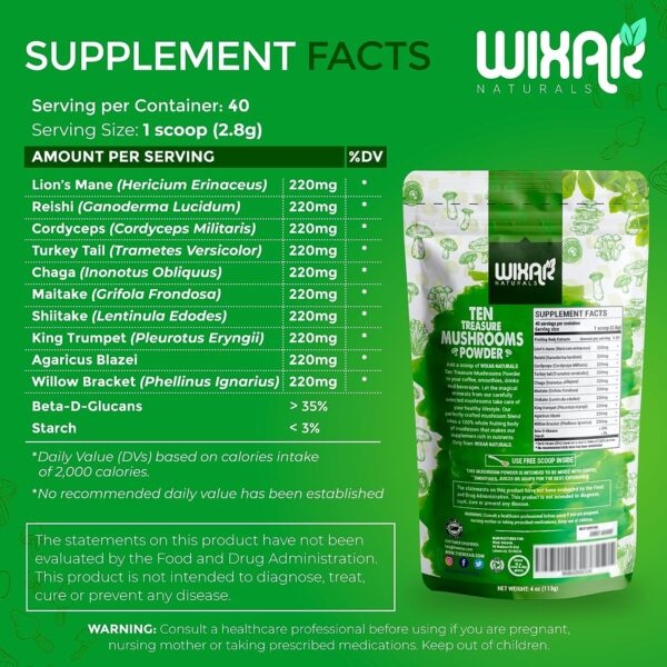 Wixar Mushroom Powder – Ten Treasure Mushrooms Extract Supplement Blend for Coffee & Smoothies – Lions Mane, Turkey Tail,