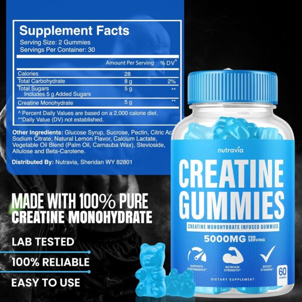 Creatine Gummies Infused with 5g Creatine Monohydrate for Men and Women, Strength, Endurance, Muscle Instantized Creatine,