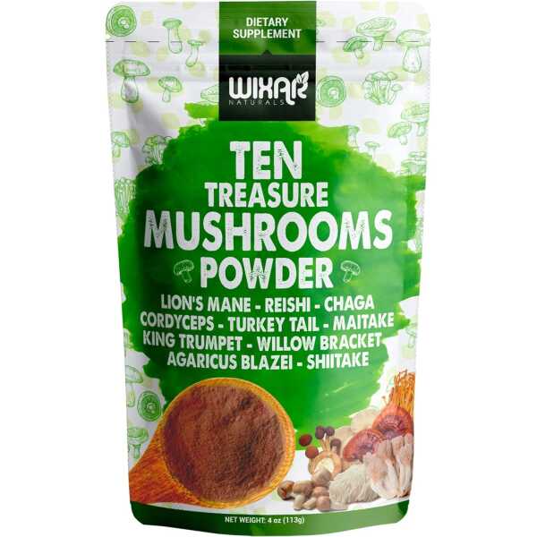 Wixar Mushroom Powder – Ten Treasure Mushrooms Extract Supplement Blend for Coffee & Smoothies – Lions Mane, Turkey Tail,