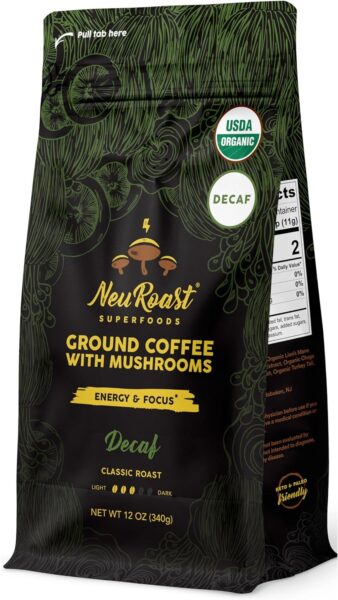 Organic Ground Mushroom Coffee by NeuRoast – Caramel Flavor | Low Acid, Smooth Taste | Premium Coffee with 5 Mushroom Blend –