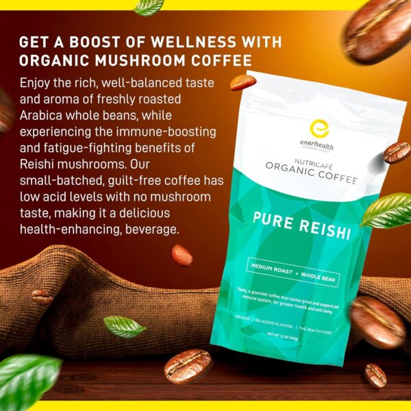 Enerhealth Botanicals NutriCafé Pure Reishi – Fairly Traded, Low Acid, Medium Roast Whole Arabica Bean Coffee, Infused with