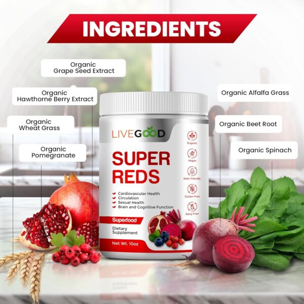 LIVEGOOD™ Organic Super Reds with Alfalfa, Barley Grass, Beet Root, Pomegranite, Grape Seed, Vegan, Gluten Free, 7.2 oz.