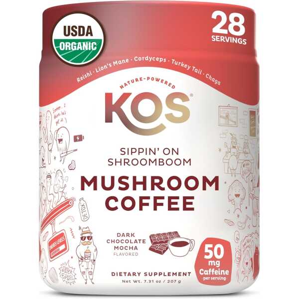 KOS Mushroom Coffee – Dark Chocolate Mocha Flavor – Organic Instant Coffee Mix with Reishi, Cordyceps, Lion’s Mane, Chaga &