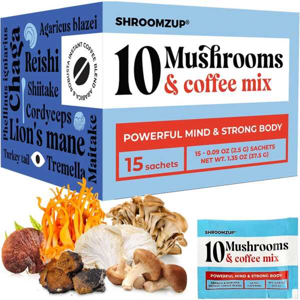 Mushroom Coffee Instant with 10 Mushrooms – 15 Pack with Reishi, Lion’s Mane, Chaga, Turkey Tail, Cordyceps Mushrooms –