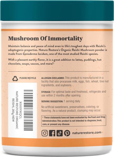 Nature Restore USDA Certified Organic Red Reishi Mushroom Powder, 10 Ounces, Non GMO, Gluten Free, Packaged in California,