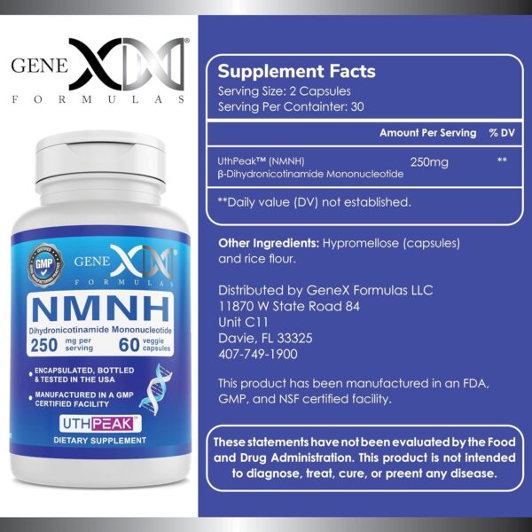 GENEX 250mg NMNH (60 Capsules – 30 Servings) | Uthpeak™ NMNH (Dihydronicotinamide Mononucleotide) NAD+ Precursor for Healthy