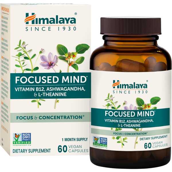 Himalaya Focused Mind with Ashwagandha, Bacopa & L-Theanine for Focus, Energy and Attention, 60 Capsules, 1 Month Supply, Vegan,