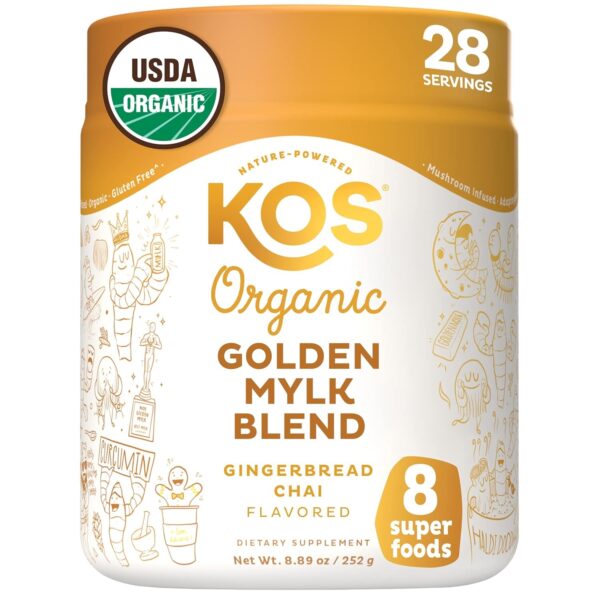 KOS Golden Milk Powder, USDA Organic Superfoods – Instant Turmeric and Ginger Latte with Mushroom Blend – Coffee Creamer,