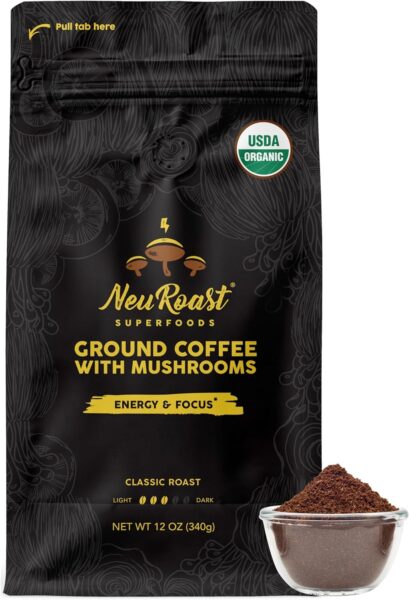 Organic Ground Mushroom Coffee by NeuRoast – Caramel Flavor | Low Acid, Smooth Taste | Premium Coffee with 5 Mushroom Blend –