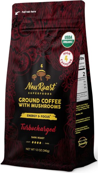 Organic Ground Mushroom Coffee by NeuRoast – Caramel Flavor | Low Acid, Smooth Taste | Premium Coffee with 5 Mushroom Blend –