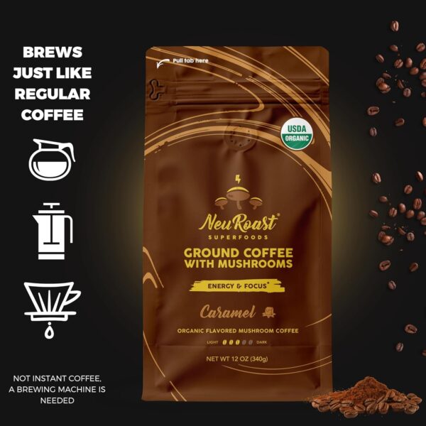 Organic Ground Mushroom Coffee by NeuRoast – Caramel Flavor | Low Acid, Smooth Taste | Premium Coffee with 5 Mushroom Blend –