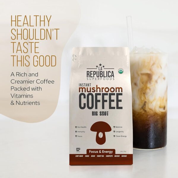 La Republica Organic Decaf Mushroom Coffee with 7 Superfood Mushrooms, Water-Processed Instant Coffee Mix with Lion’s Mane,