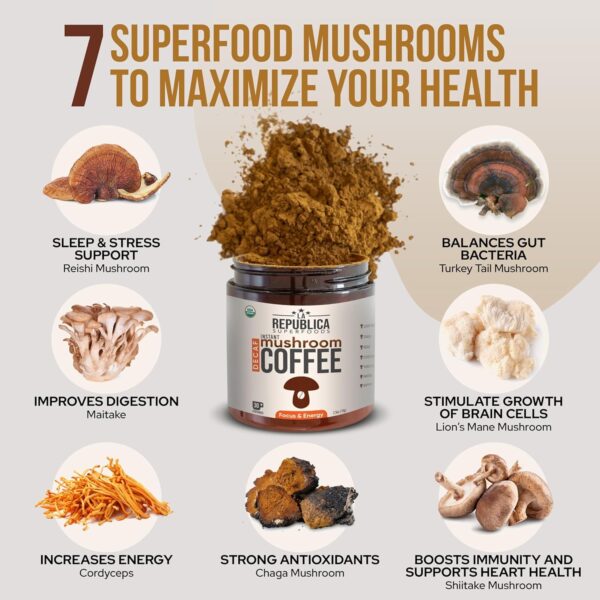 La Republica Organic Decaf Mushroom Coffee with 7 Superfood Mushrooms, Water-Processed Instant Coffee Mix with Lion’s Mane,