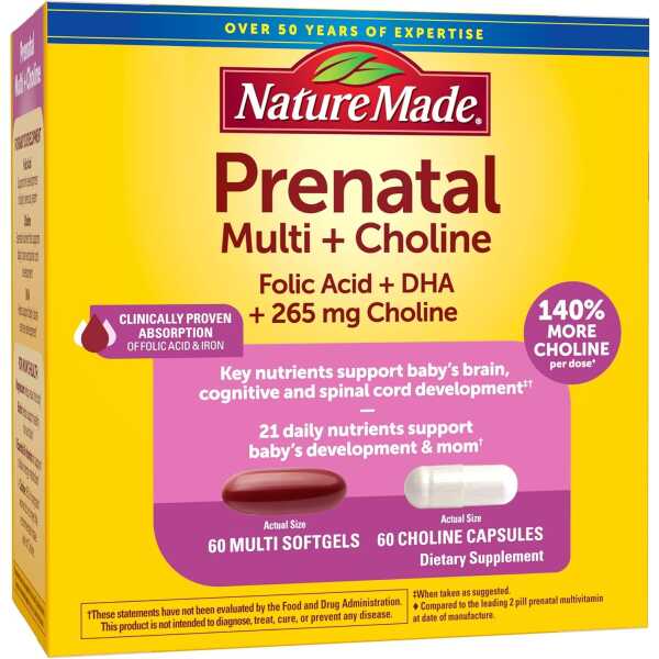 Nature Made Prenatal Vitamin Softgels + Choline Capsules, Folic Acid + DHA + Choline, 60 Prenatal Vitamins for Women, 60 Choline