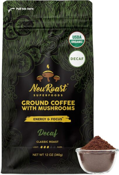 Organic Ground Mushroom Coffee by NeuRoast – Caramel Flavor | Low Acid, Smooth Taste | Premium Coffee with 5 Mushroom Blend –