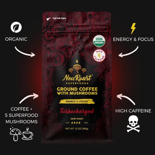 Organic Ground Mushroom Coffee by NeuRoast – Caramel Flavor | Low Acid, Smooth Taste | Premium Coffee with 5 Mushroom Blend –