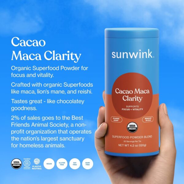 Sunwink Cacao Clarity – Superfood Mushroom Powder for Energy, Mental Clarity & Focus with Reishi, Lion’s Mane, & Organic Maca