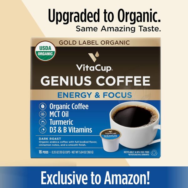 Vitacup Genius Gold & Focus Mushroom Coffee 32 Pod Bundle | Energy & Focus |Superfood & Vitamins Infused | Variety Pack of (2)