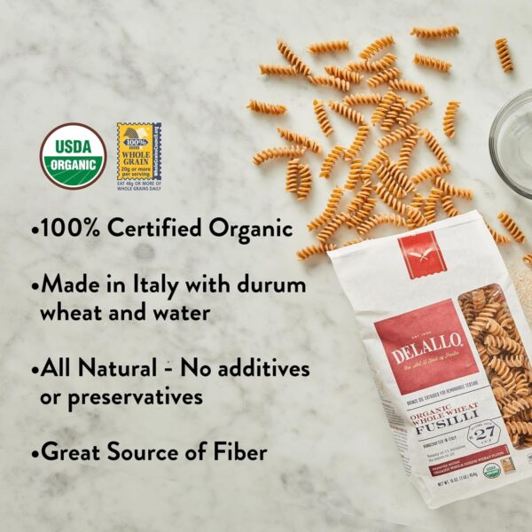 DeLallo Whole Wheat Fusili Pasta, 1 Pound Bag, 7 Pack, 100% Organic, Whole Grain Spiral Noodles, Imported from Italy, Made with