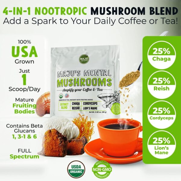 MAJU’s Mental Mushroom Powder Extract, Strong Lions Mane, Chaga, Reishi, Cordyceps, Fruiting Bodies for Coffee, Immune System