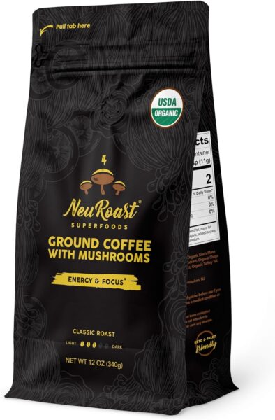 Organic Ground Mushroom Coffee by NeuRoast – Caramel Flavor | Low Acid, Smooth Taste | Premium Coffee with 5 Mushroom Blend –