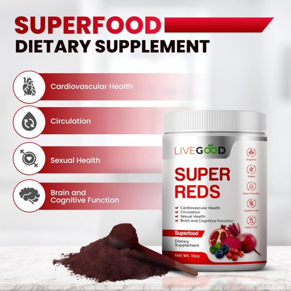 LIVEGOOD™ Organic Super Reds with Alfalfa, Barley Grass, Beet Root, Pomegranite, Grape Seed, Vegan, Gluten Free, 7.2 oz.