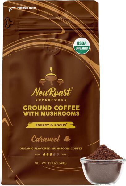 Organic Ground Mushroom Coffee by NeuRoast – Caramel Flavor | Low Acid, Smooth Taste | Premium Coffee with 5 Mushroom Blend –