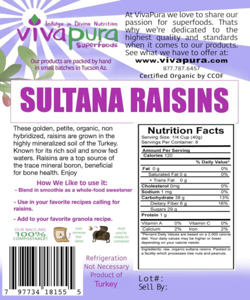 Raw Organic Sun-Dried Sultana Raisins, 1lb