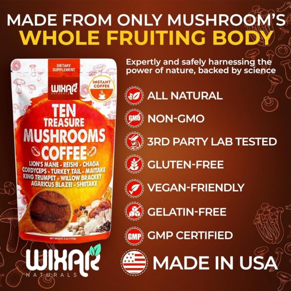 Wixar Mushroom Coffee Blend – Ten Treasure Mushrooms Extract Instant Coffee Powder with Lions Mane, Turkey Tail, Reishi, Chaga,