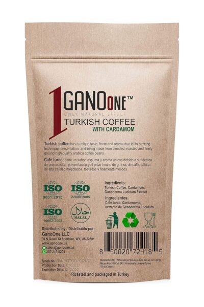 GanoOne Turkish Coffee with Cardamom include Ganoderma Reishi Mushroom Extract Medium Roast Ground Special Blend 100% Arabica