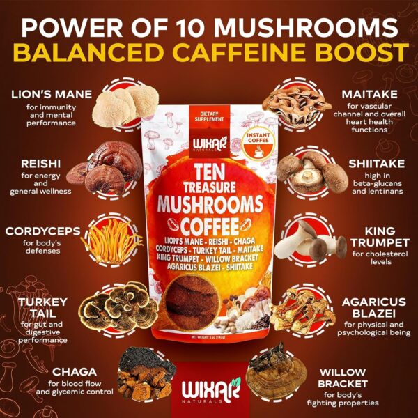 Wixar Mushroom Coffee Blend – Ten Treasure Mushrooms Extract Instant Coffee Powder with Lions Mane, Turkey Tail, Reishi, Chaga,