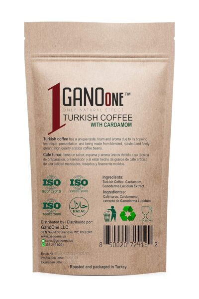 GanoOne Turkish Coffee with Cardamom include Ganoderma Reishi Mushroom Extract Medium Roast Ground Special Blend 100% Arabica