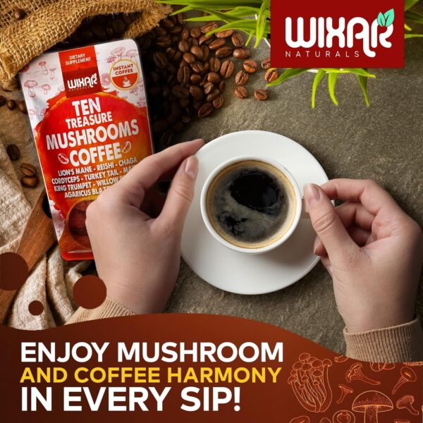 Wixar Mushroom Coffee Blend – Ten Treasure Mushrooms Extract Instant Coffee Powder with Lions Mane, Turkey Tail, Reishi, Chaga,