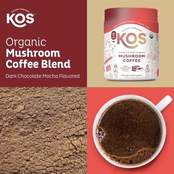 KOS Mushroom Coffee – Dark Chocolate Mocha Flavor – Organic Instant Coffee Mix with Reishi, Cordyceps, Lion’s Mane, Chaga &