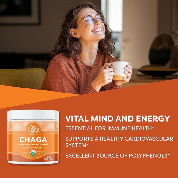 Vimergy USDA Organic Wild Chaga Mushroom Extract Powder, 33 Servings – Ideal in Chaga Tea, Coffee, Smoothies –