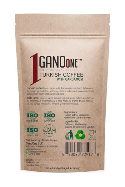 GanoOne Turkish Coffee with Cardamom include Ganoderma Reishi Mushroom Extract Medium Roast Ground Special Blend 100% Arabica